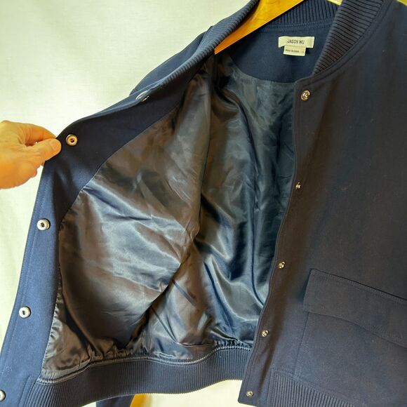 Jason Wu NWOT Women's Navy Snap Front Flap Pocket Bomber Style Jacket Size L - Picture 8 of 15